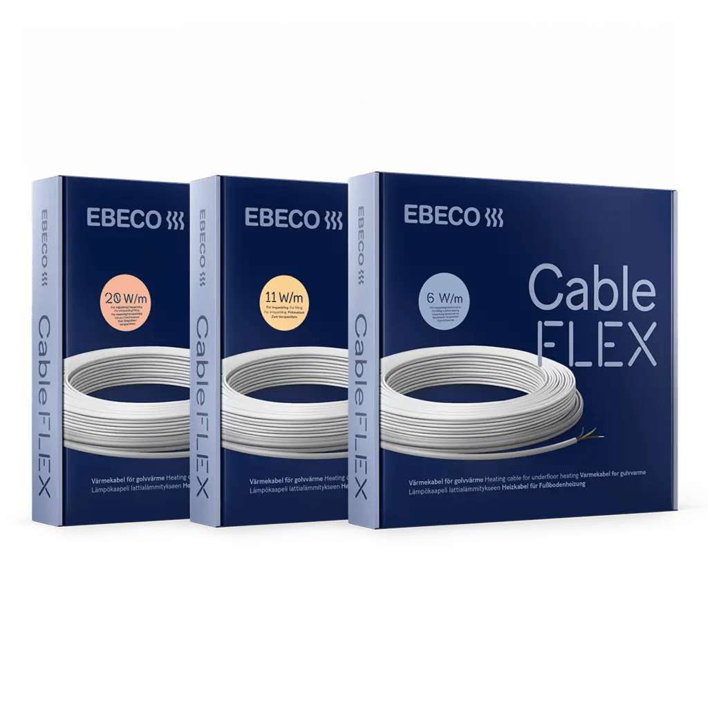 Cableflex embalaža palete kablov za talno gretje Ebeco s kablom na kolutu, opozorilnim znakom in praktičnim nosilcem kolut