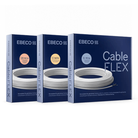 Cableflex embalaža palete kablov za talno gretje Ebeco s kablom na kolutu, opozorilnim znakom in praktičnim nosilcem kolut