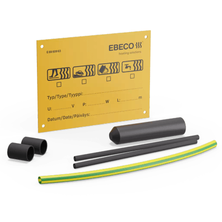 Popoln priključni/končni komplet Ebeco za enostavno vgradnjo kabla F-10. Vključuje znak za ogrevalni kabel.
